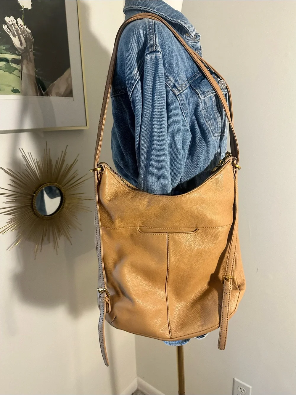 HOBO Genuine Leather Convertible Backpack Shoulder Bag Tan Cognac